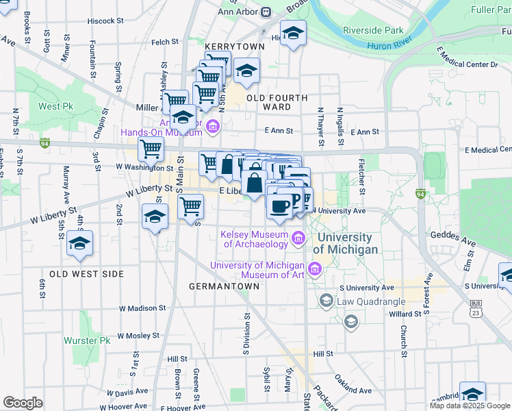 map of restaurants, bars, coffee shops, grocery stores, and more near 308 Thompson Street in Ann Arbor