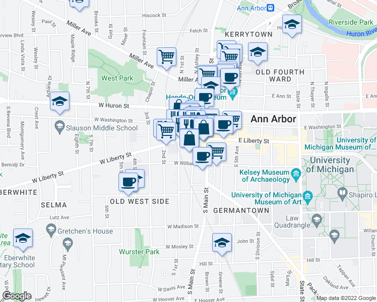 map of restaurants, bars, coffee shops, grocery stores, and more near 325 South 1st Street in Ann Arbor