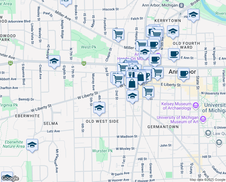 map of restaurants, bars, coffee shops, grocery stores, and more near 403 West Liberty Street in Ann Arbor