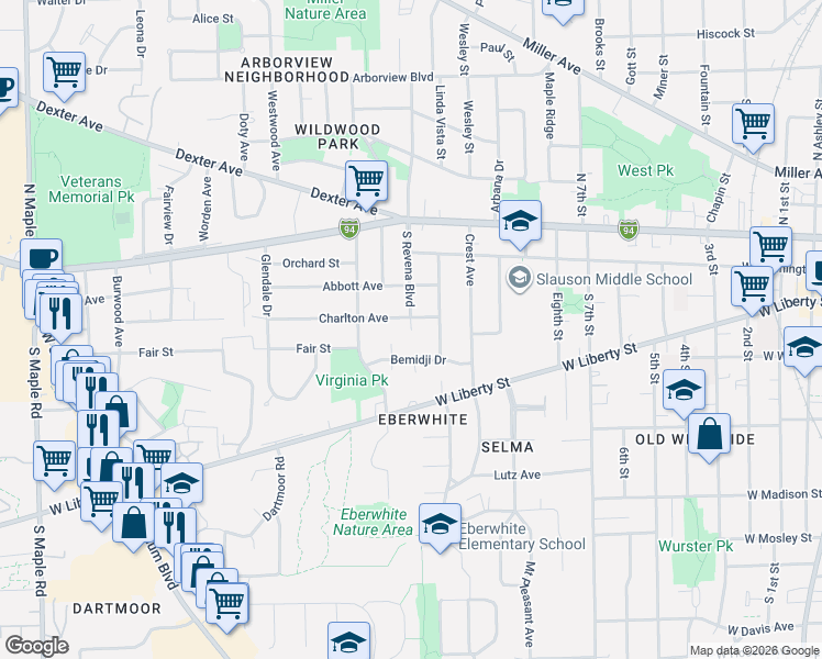map of restaurants, bars, coffee shops, grocery stores, and more near 402 South Revena Boulevard in Ann Arbor