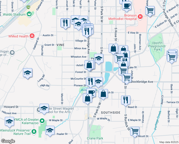 map of restaurants, bars, coffee shops, grocery stores, and more near 510 Forest Street in Kalamazoo