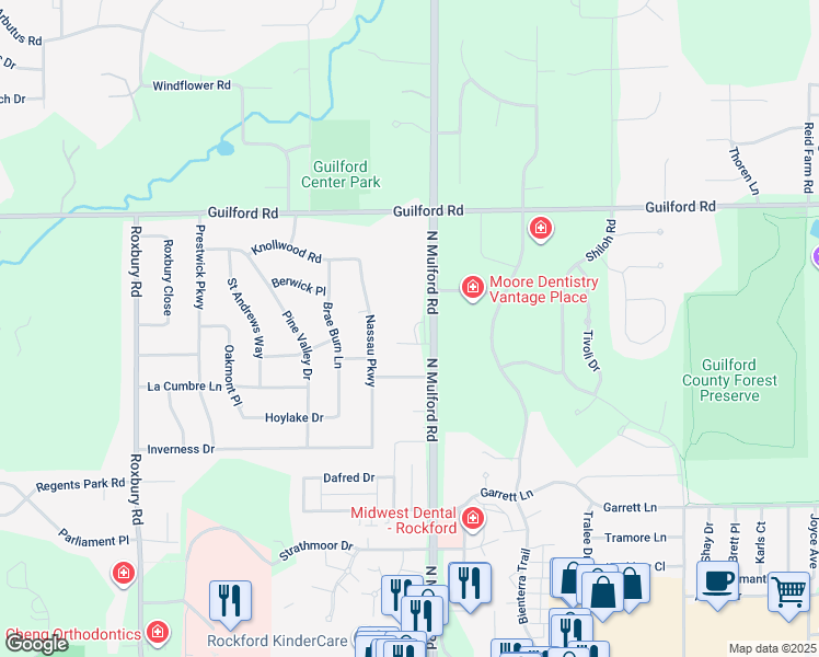 map of restaurants, bars, coffee shops, grocery stores, and more near 960 North Mulford Road in Rockford