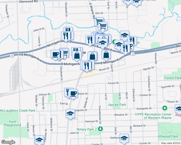 map of restaurants, bars, coffee shops, grocery stores, and more near 35141 East Michigan Avenue in Wayne