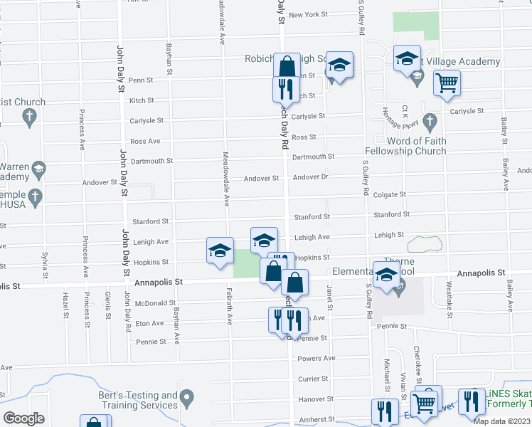 map of restaurants, bars, coffee shops, grocery stores, and more near 25866 Stanford Street in Inkster