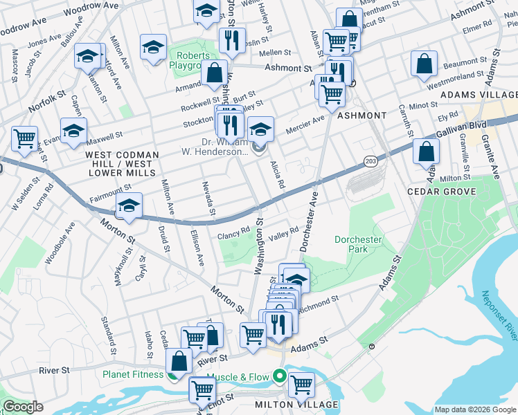 map of restaurants, bars, coffee shops, grocery stores, and more near Gallivan Blvd & Washington St in Boston