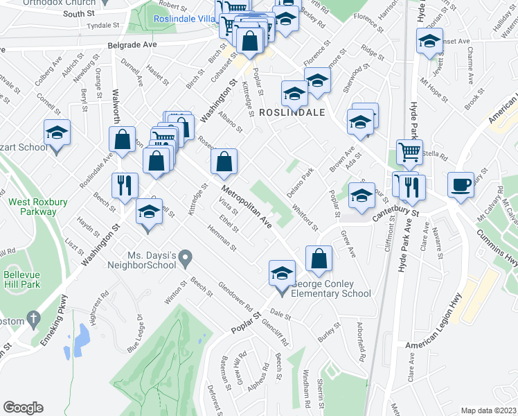 map of restaurants, bars, coffee shops, grocery stores, and more near 162 Metropolitan Avenue in Boston