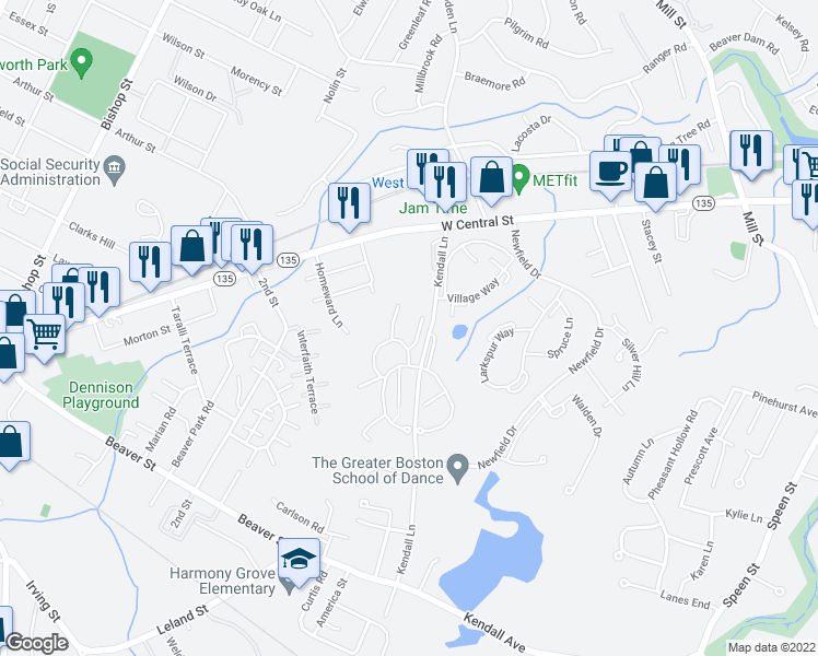 map of restaurants, bars, coffee shops, grocery stores, and more near 9 Village Rock Lane in Natick