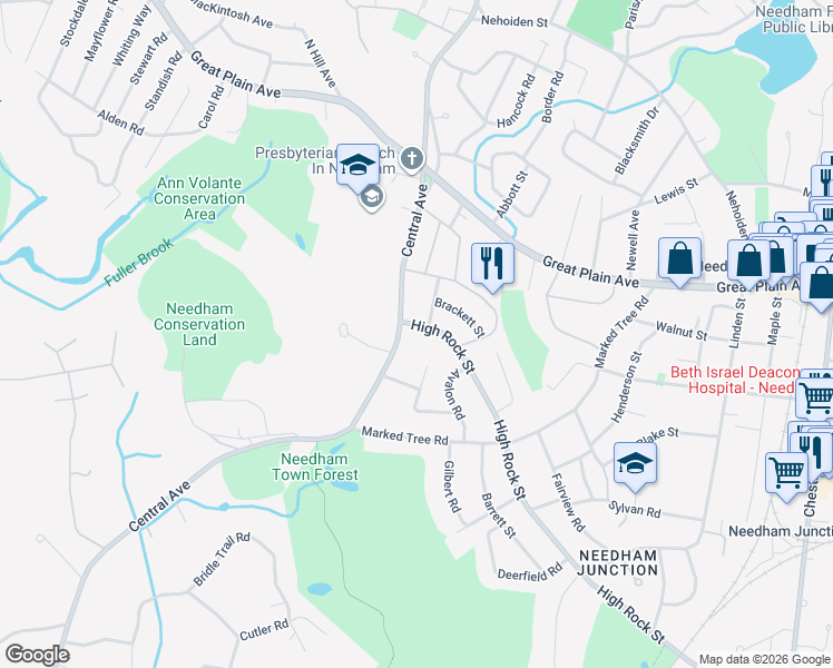 map of restaurants, bars, coffee shops, grocery stores, and more near 612 High Rock Street in Needham