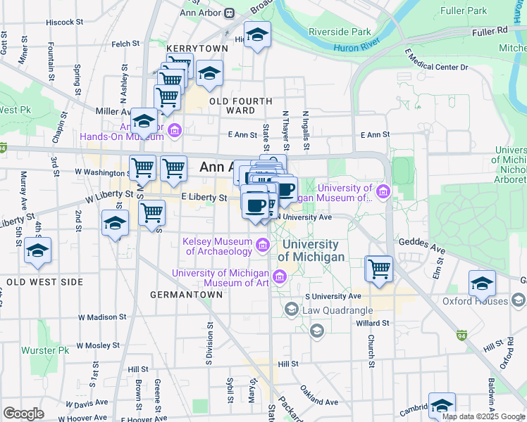 map of restaurants, bars, coffee shops, grocery stores, and more near 311 South State Street in Ann Arbor