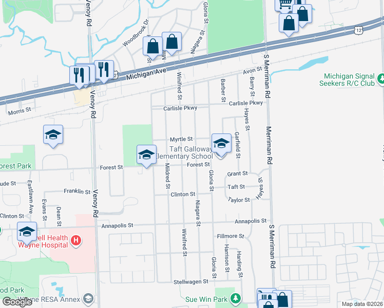 map of restaurants, bars, coffee shops, grocery stores, and more near 3980 Niagara Street in Wayne