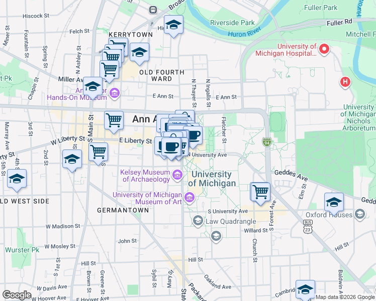 map of restaurants, bars, coffee shops, grocery stores, and more near 311 South State Street in Ann Arbor