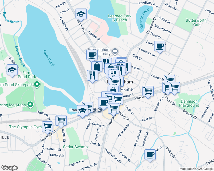 map of restaurants, bars, coffee shops, grocery stores, and more near 54 Franklin Street in Framingham