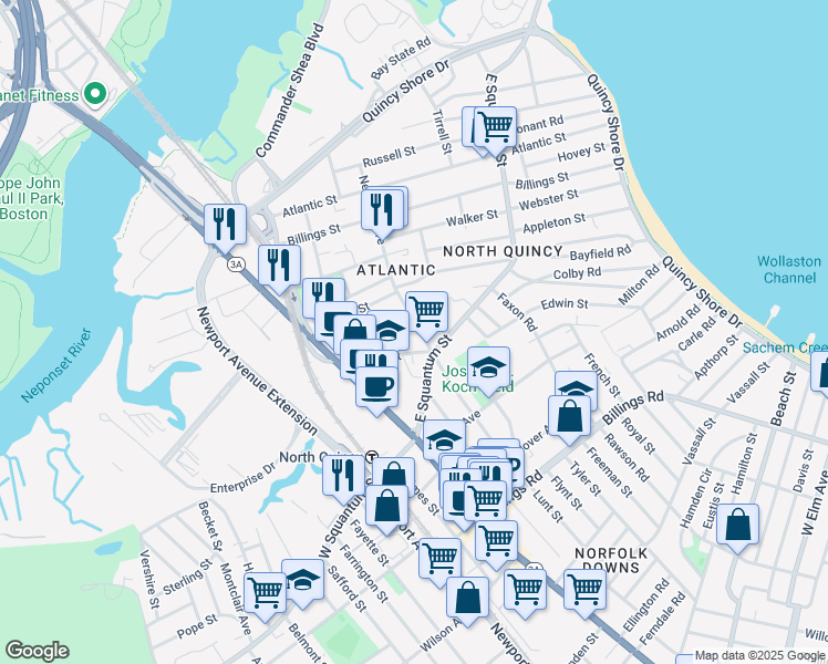 map of restaurants, bars, coffee shops, grocery stores, and more near 143 Newbury Avenue in Quincy