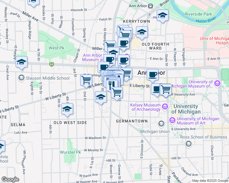 map of restaurants, bars, coffee shops, grocery stores, and more near 309 South Main Street in Ann Arbor