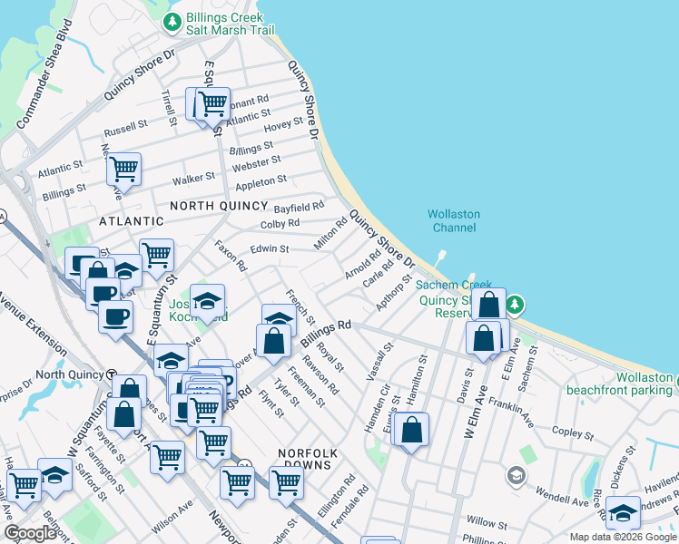 map of restaurants, bars, coffee shops, grocery stores, and more near 19 Canton Road in Quincy