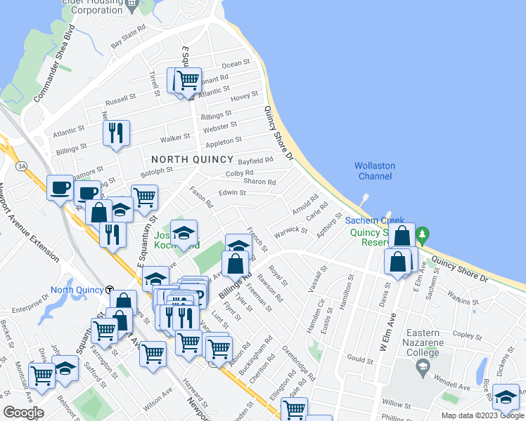map of restaurants, bars, coffee shops, grocery stores, and more near 1 Canton Road in Quincy