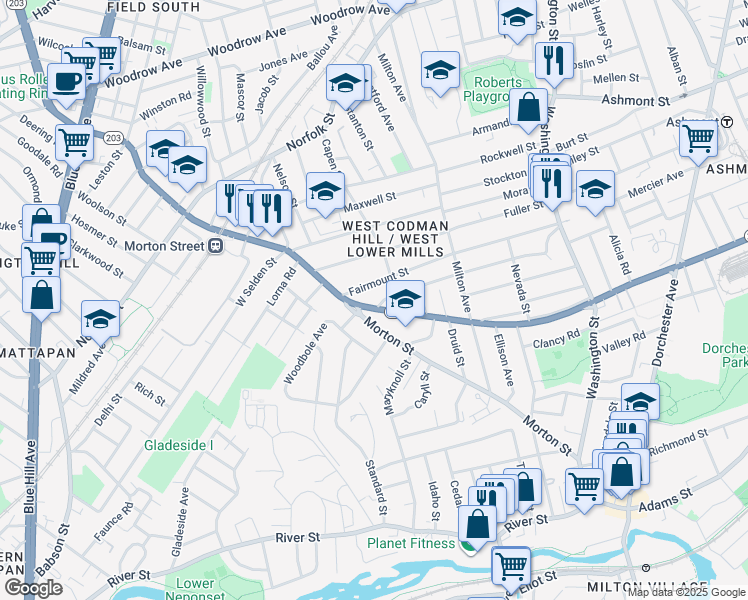 map of restaurants, bars, coffee shops, grocery stores, and more near 2 Wilmington Avenue in Boston