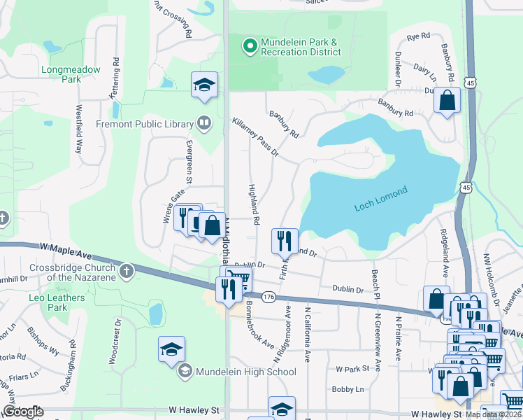 map of restaurants, bars, coffee shops, grocery stores, and more near 1005 Highland Road in Mundelein