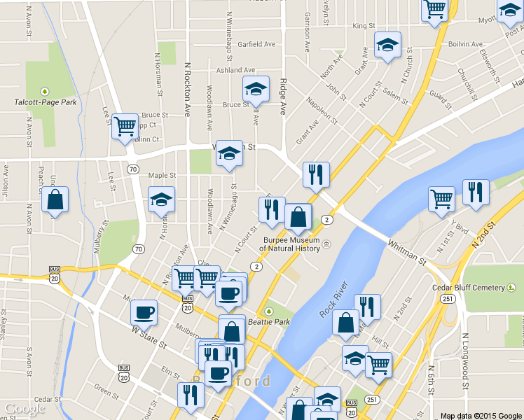 map of restaurants, bars, coffee shops, grocery stores, and more near 718 North Court Street in Rockford
