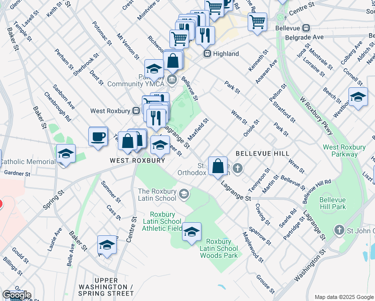map of restaurants, bars, coffee shops, grocery stores, and more near 328 Lagrange Street in Boston