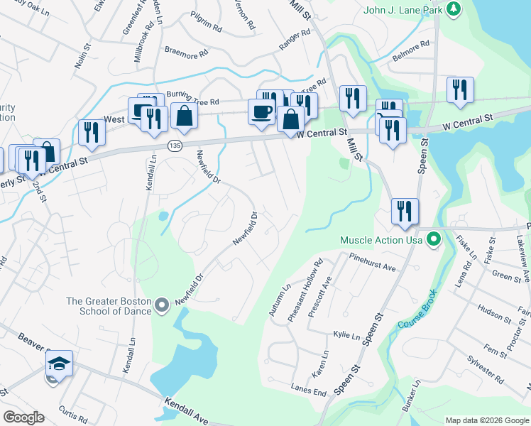 map of restaurants, bars, coffee shops, grocery stores, and more near 44 Silver Hill Lane in Natick
