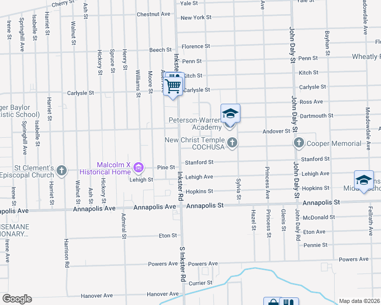 map of restaurants, bars, coffee shops, grocery stores, and more near 27327 Colgate Street in Inkster
