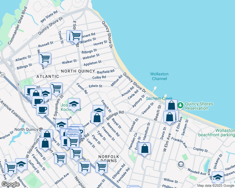 map of restaurants, bars, coffee shops, grocery stores, and more near 17 Canton Road in Quincy