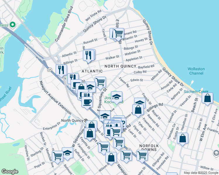 map of restaurants, bars, coffee shops, grocery stores, and more near 99 East Squantum Street in Quincy
