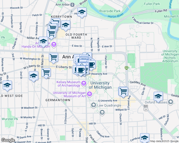 map of restaurants, bars, coffee shops, grocery stores, and more near 311 South State Street in Ann Arbor