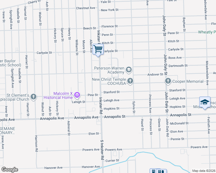map of restaurants, bars, coffee shops, grocery stores, and more near 27327 Colgate Street in Inkster