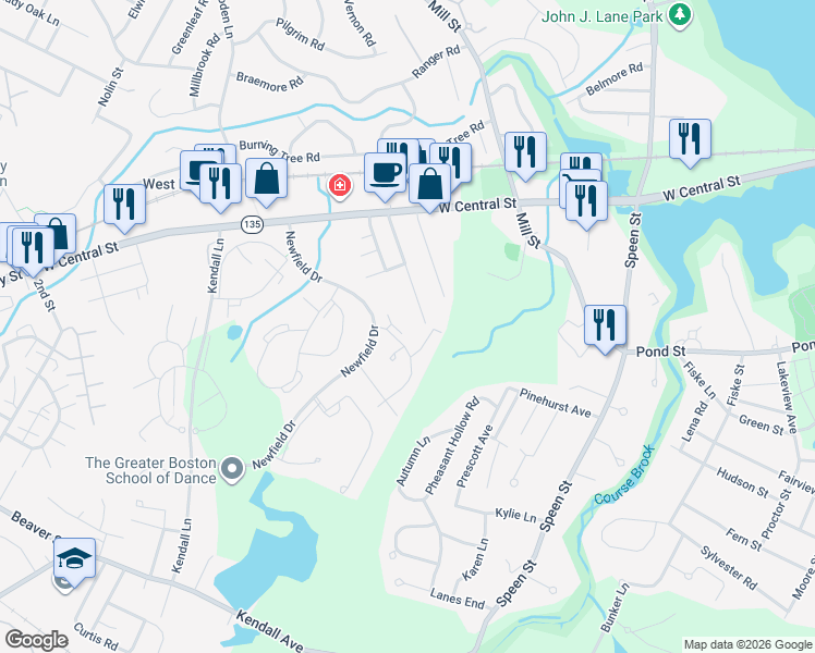 map of restaurants, bars, coffee shops, grocery stores, and more near 32 Silver Hill Lane in Natick