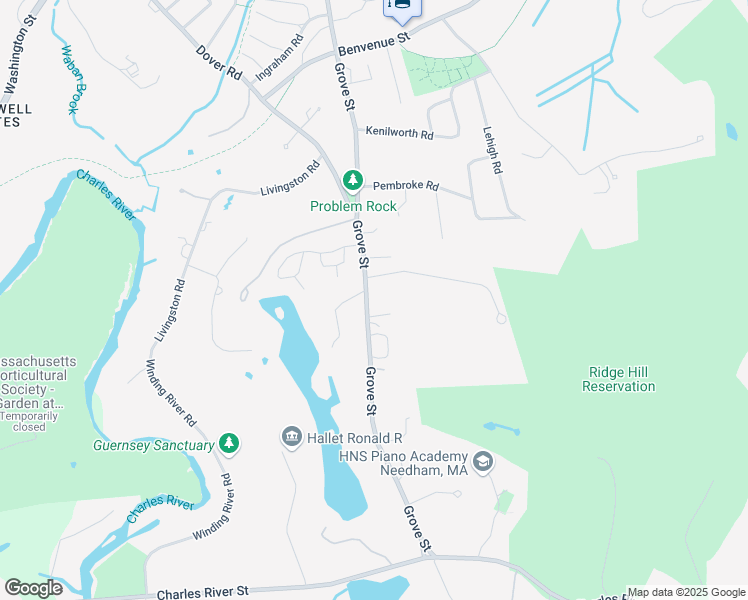 map of restaurants, bars, coffee shops, grocery stores, and more near 302 Grove Street in Wellesley