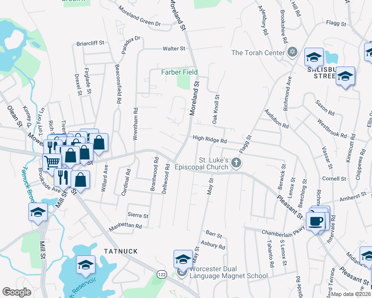 map of restaurants, bars, coffee shops, grocery stores, and more near 16 Moreland Street in Worcester
