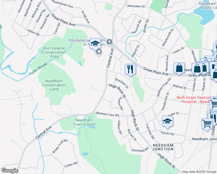 map of restaurants, bars, coffee shops, grocery stores, and more near 612 High Rock Street in Needham