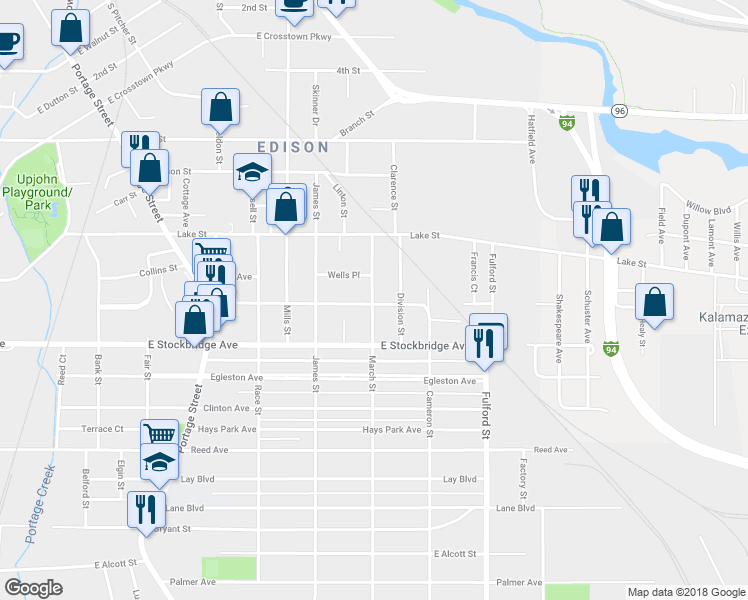 map of restaurants, bars, coffee shops, grocery stores, and more near 1405 Washington Avenue in Kalamazoo