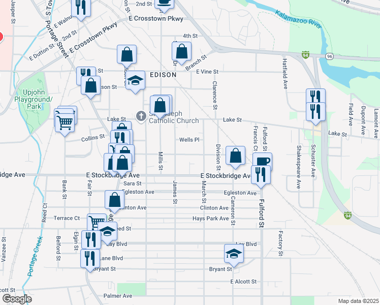 map of restaurants, bars, coffee shops, grocery stores, and more near 1311 Washington Avenue in Kalamazoo