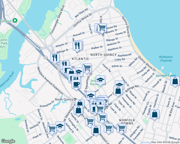 map of restaurants, bars, coffee shops, grocery stores, and more near 92 East Squantum Street in Quincy