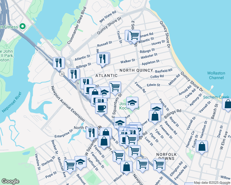 map of restaurants, bars, coffee shops, grocery stores, and more near 143 Newbury Avenue in Quincy