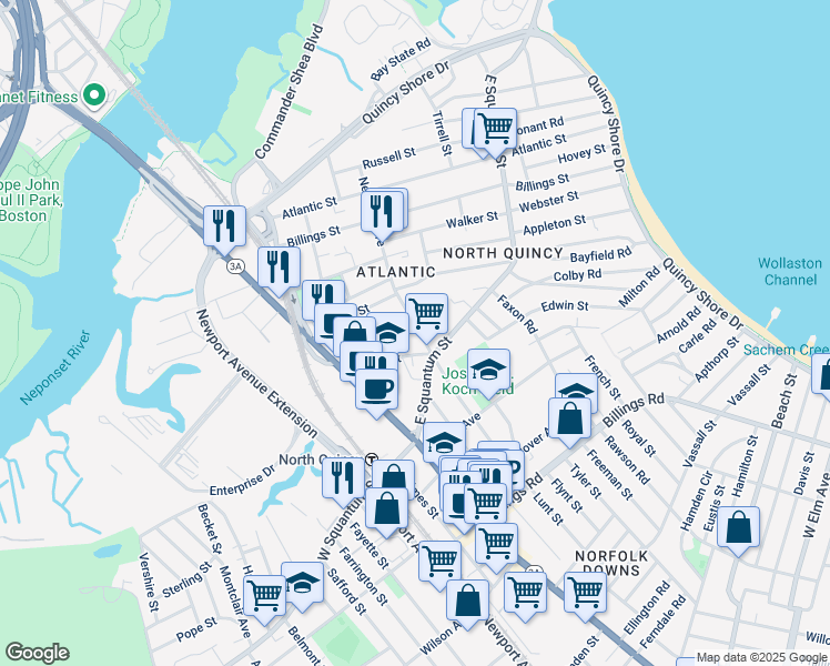 map of restaurants, bars, coffee shops, grocery stores, and more near 143 Newbury Avenue in Quincy
