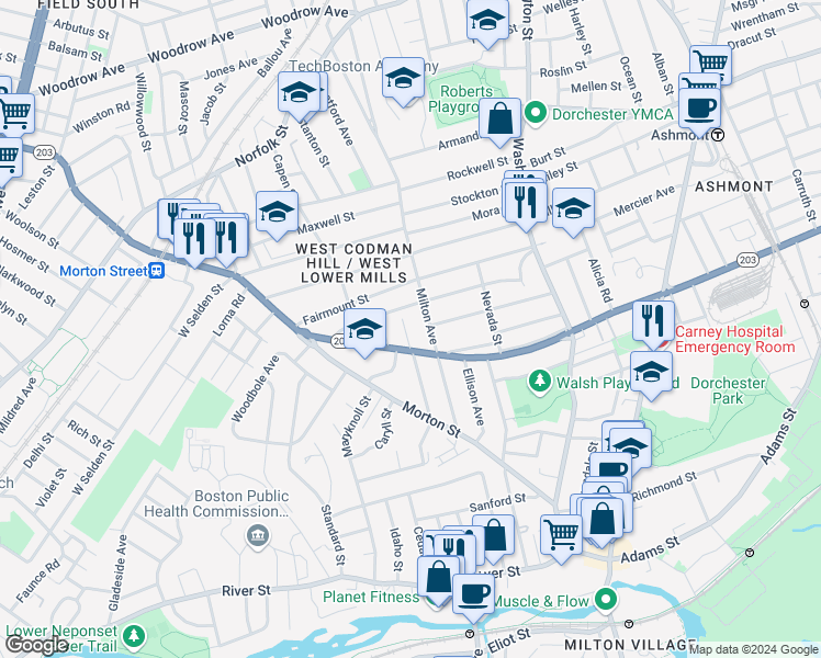 map of restaurants, bars, coffee shops, grocery stores, and more near 21 Vera Street in Boston