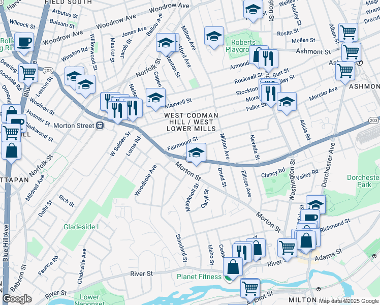 map of restaurants, bars, coffee shops, grocery stores, and more near 27 Wilmington Avenue in Boston