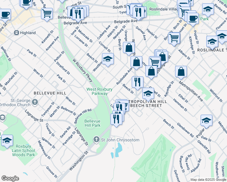 map of restaurants, bars, coffee shops, grocery stores, and more near 270 Roslindale Avenue in Boston