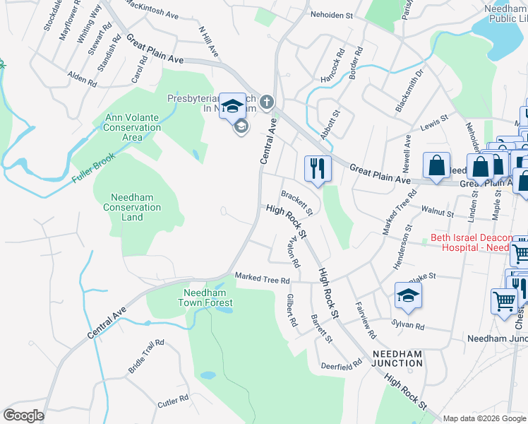 map of restaurants, bars, coffee shops, grocery stores, and more near 612 High Rock Street in Needham