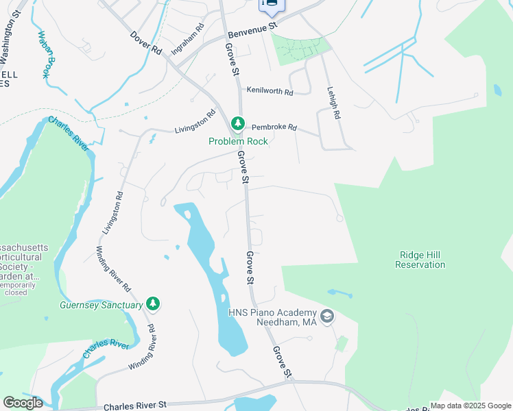 map of restaurants, bars, coffee shops, grocery stores, and more near 302 Grove Street in Wellesley