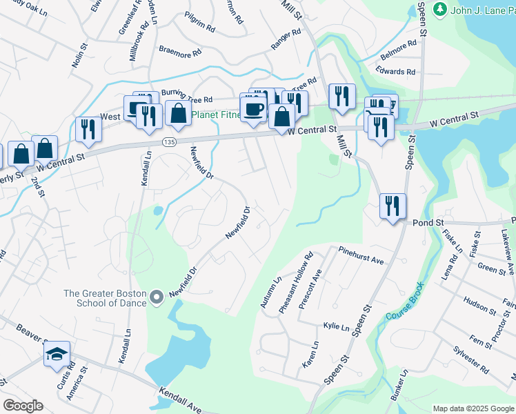 map of restaurants, bars, coffee shops, grocery stores, and more near 30 Silver Hill Lane in Natick