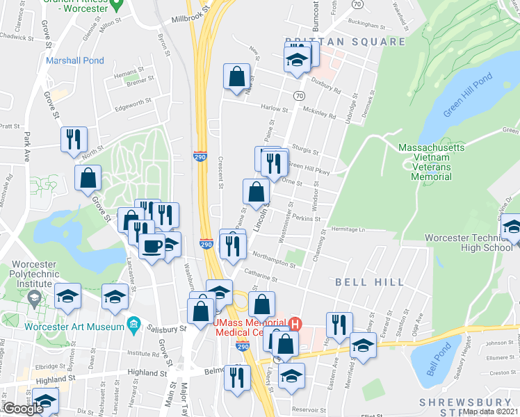 map of restaurants, bars, coffee shops, grocery stores, and more near 8 Perkins Street in Worcester