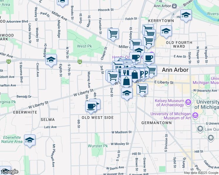 map of restaurants, bars, coffee shops, grocery stores, and more near 403 West Liberty Street in Ann Arbor