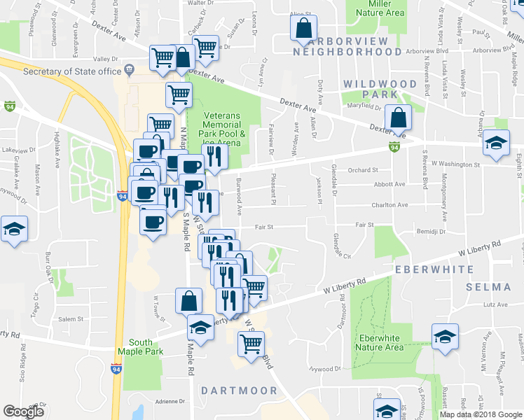 map of restaurants, bars, coffee shops, grocery stores, and more near 2101 Charlton Avenue in Ann Arbor