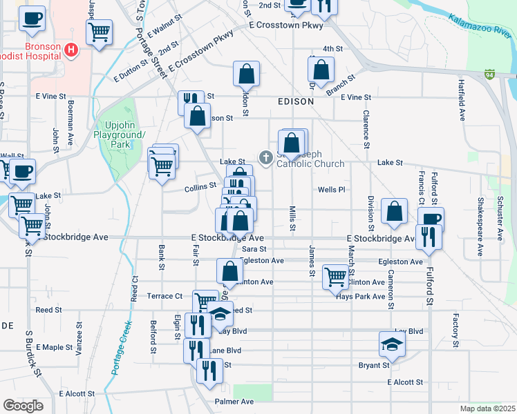 map of restaurants, bars, coffee shops, grocery stores, and more near 901 Washington Avenue in Kalamazoo
