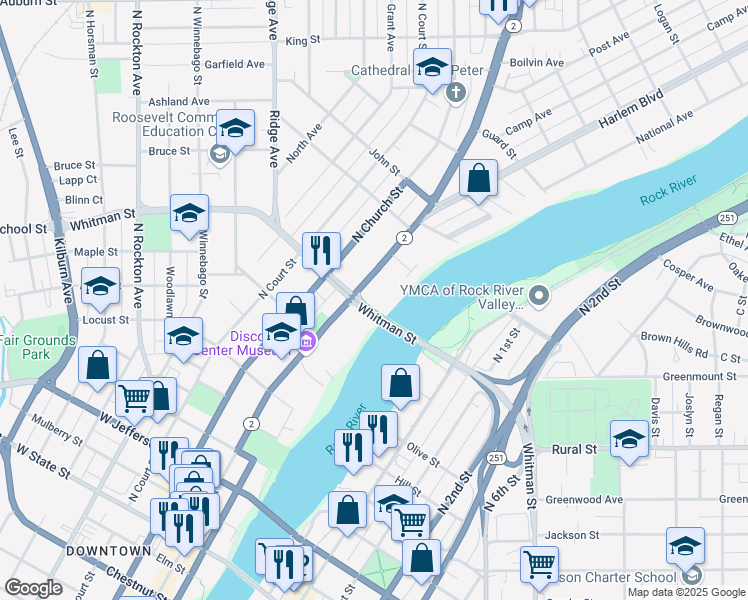 map of restaurants, bars, coffee shops, grocery stores, and more near 913 North Main Street in Rockford